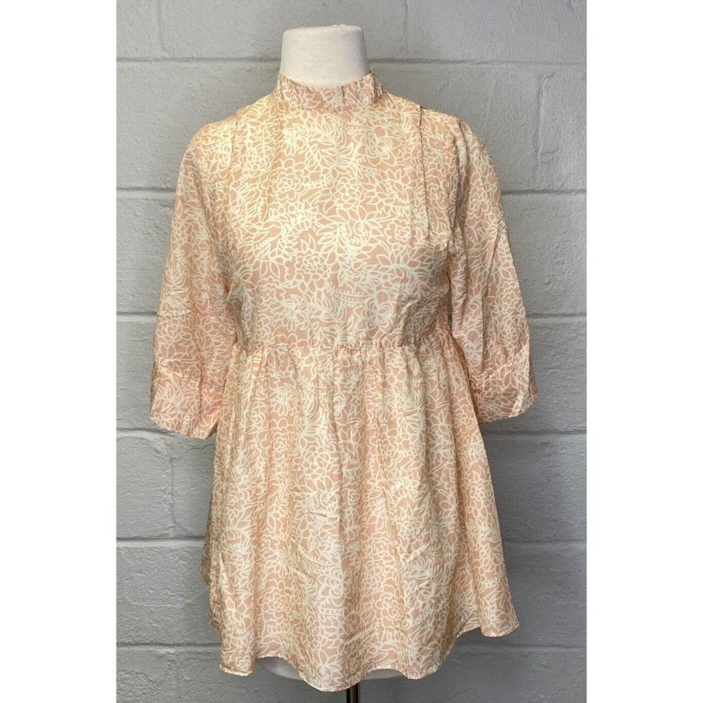Apiece Apart Peplum Top Tunic Floral Pink Peach Pattern 3/4 Sleeve‎ Lined Zipper